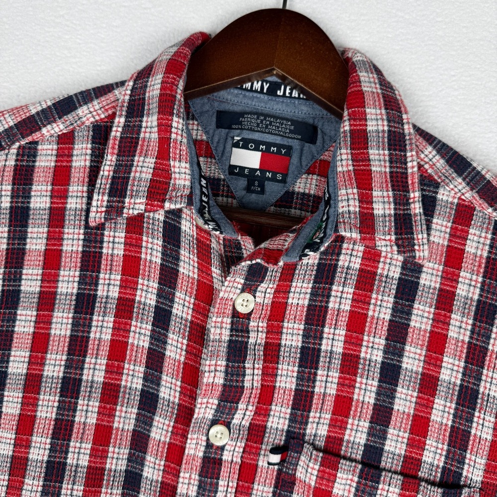 Vtg‎ Y2K Tommy Jeans Mens S Red White Blue Plaid Waffle Weave SS Shirt July 4th
